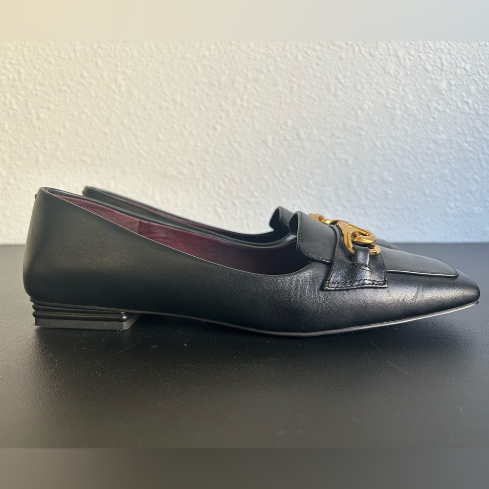 FRANCO SARTO Size 8 Black Leather Loafers GOLD CHAIN SQUARE TOE - Picture 4 of 6